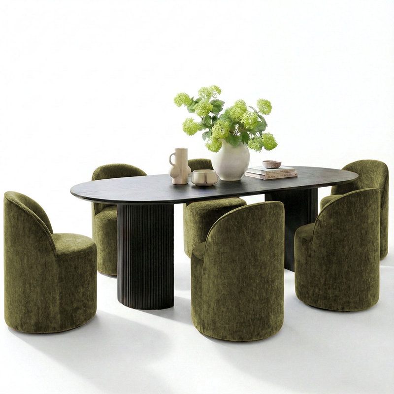  Ensemble de table de salle à manger pour 6 personnes avec table ovale et 6 chaises rembourrées, Noir, Vert olive