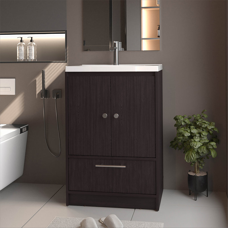 Meuble-lavabo autoportant à 2 portes avec lavabo et tiroir inférieur, Wengé