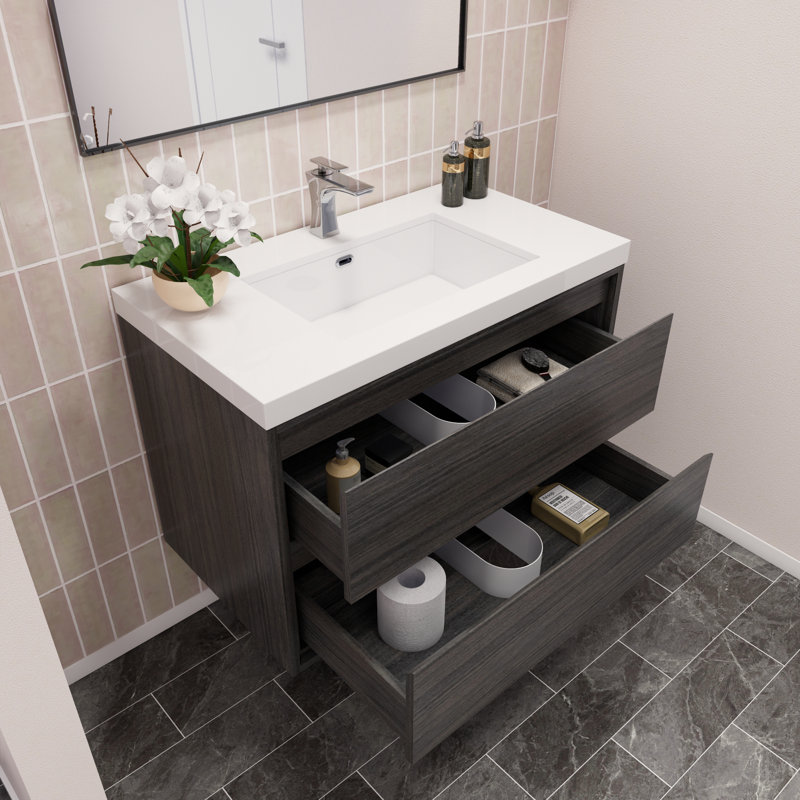 Ensemble de meuble-lavabo simple mural 36 po Wittig, Chêne gris