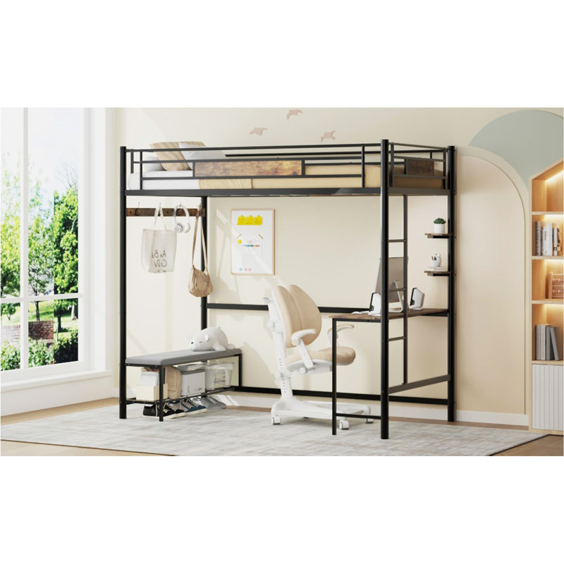 Structure de lit mezzanine simple avec rangement. Facile à assembler. Les lattes sont solidement fixées à la structure en métal avec une conception à boucle et aucun ressort n'est requis.