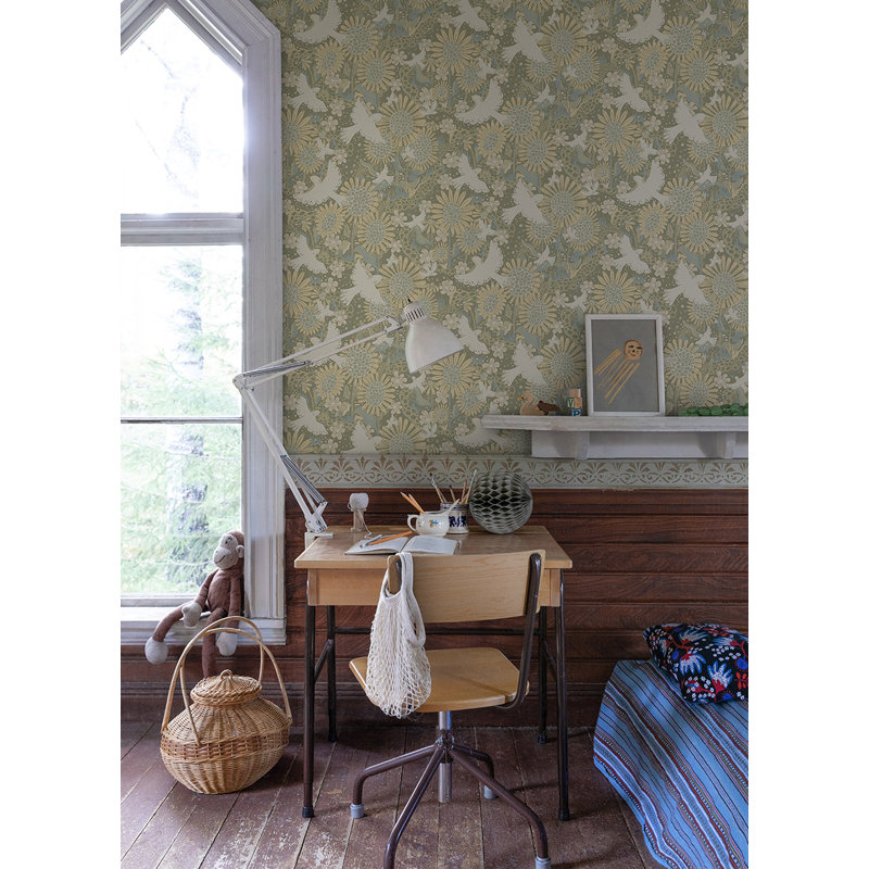 Papier peint Drmma gris clair avec oiseaux chanteurs et tournesols, Vert