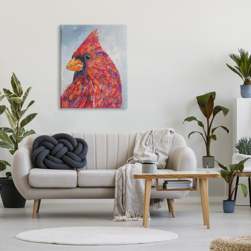 «The Messenger Red Cardinal Layered Collage Bird» par Lisa Morales, peinture sur toile tendue, H 40 po x l 30 po x P 1,5 po