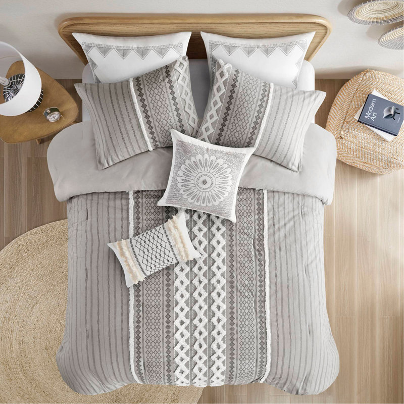 Ensemble d'édredon en coton avec chenille, Gris, Édredon double / grand et 2 pièces supplémentai