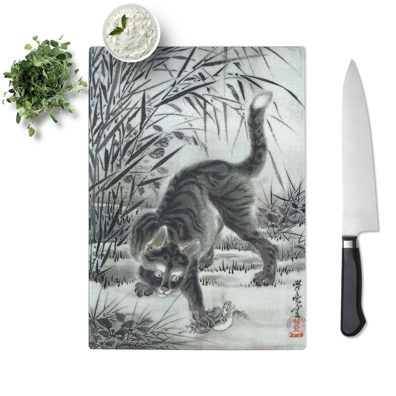 Tempered Glass Cat Catching a Frog by Kawanabe Kyosai Chopping Board, 39cm W x 28.5cm L