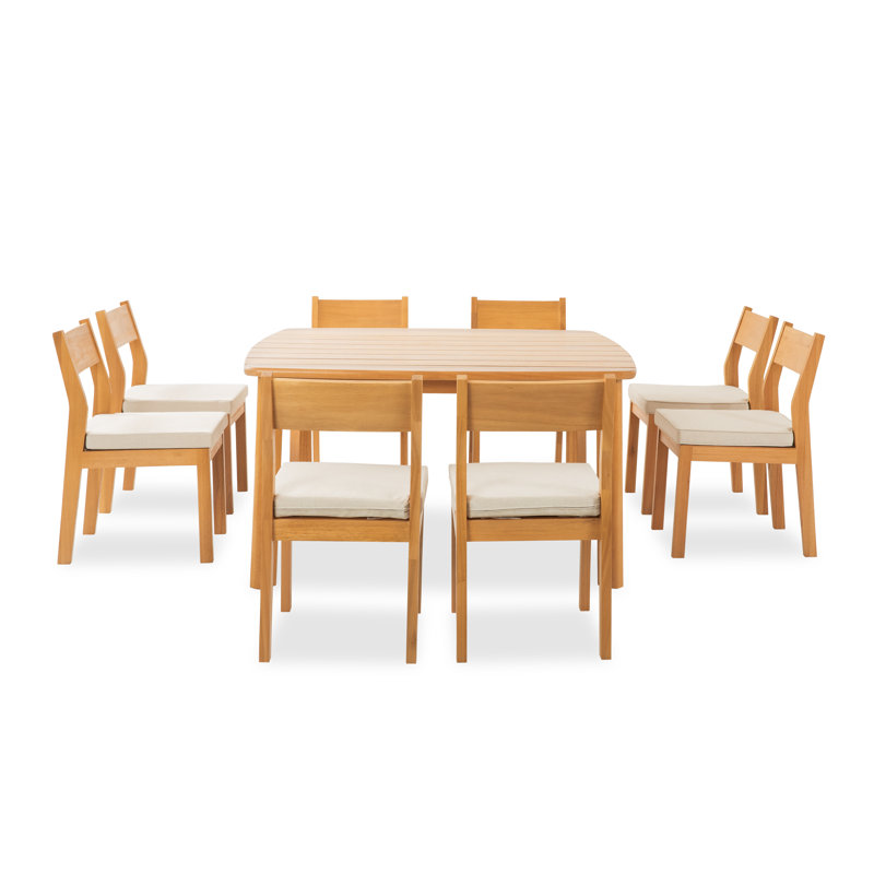 Ensemble repas de patio en bois d'eucalyptus 9 pièces avec sièges rembourrés Rachel
