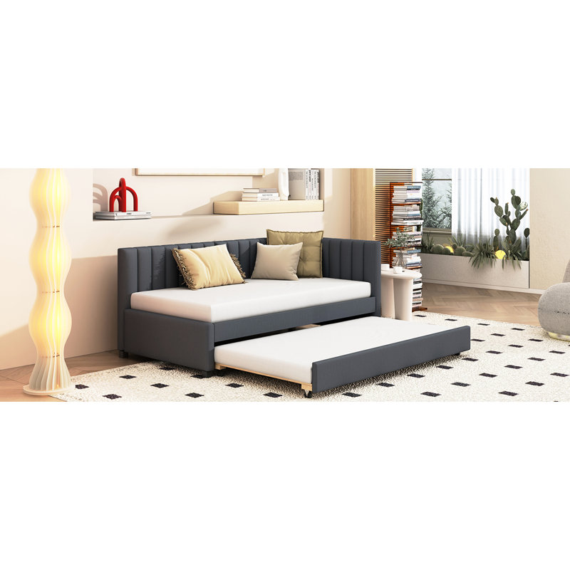 Lit de jour sans sommier avec couchette simple, tissu en lin (gris), tissu d'ameublement de taille compacte, propriété de lit solide, ressort, élément gris