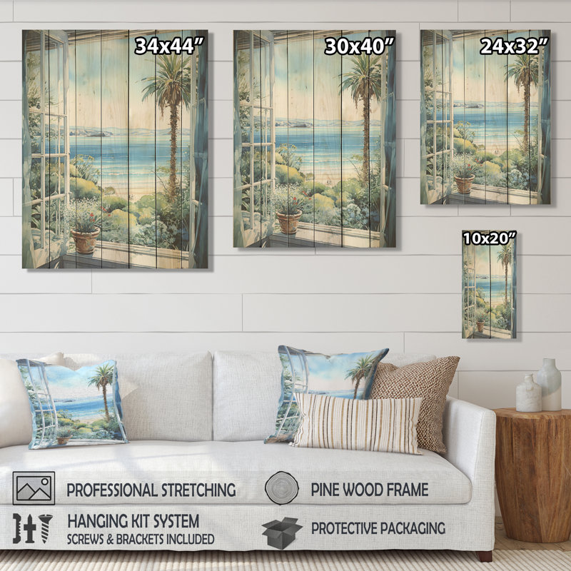 Seaside Tropical View III - Fenêtres côtières sur bois, H 20 po x l 10 po