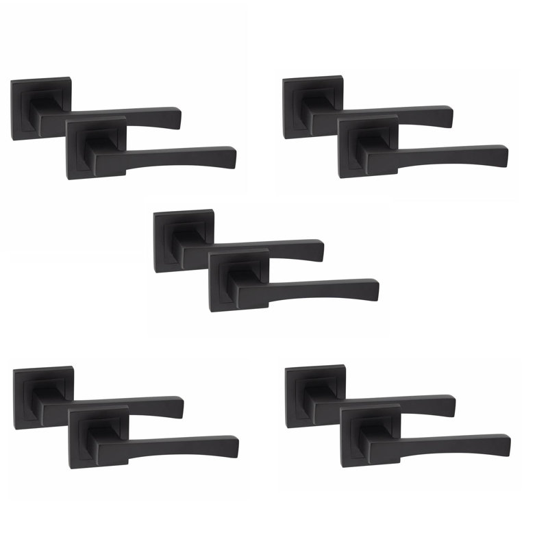  5 Pairs Wave Premium Design Door Handles on Square Rose in Matt Black Finish