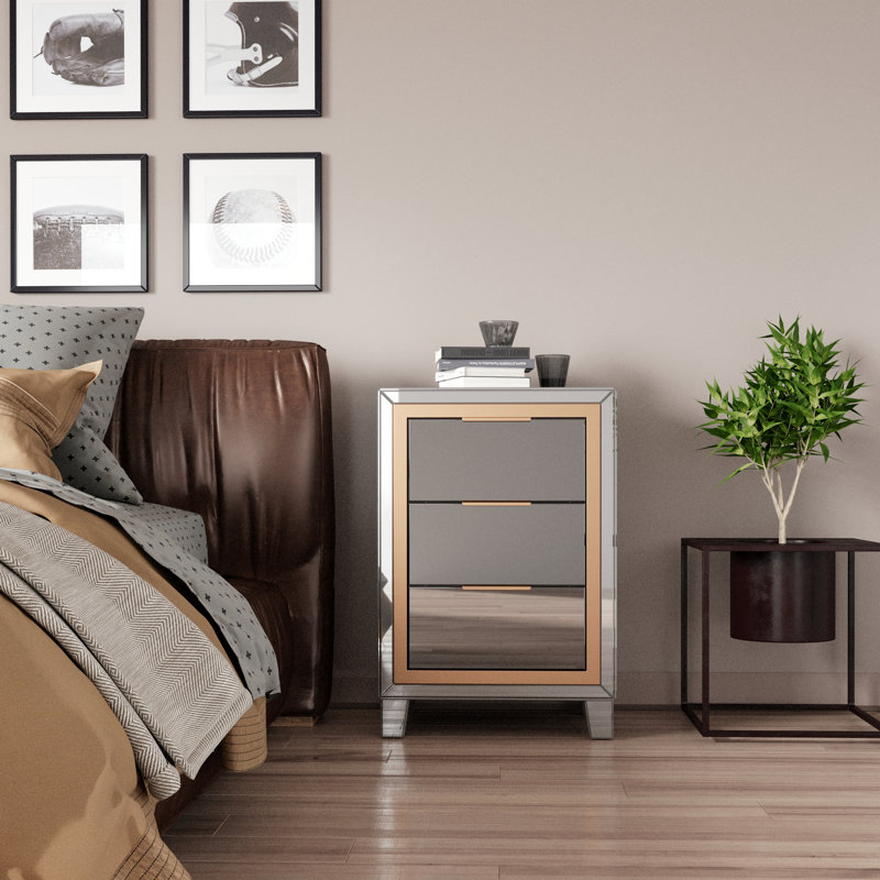 Schlueter Night Table Mirrored 3 Drawers, Dresser, Chest, Accent Table Fully Assembled