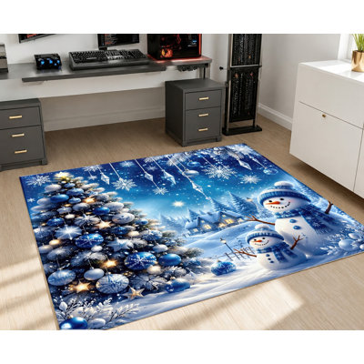 Tapis d'intérieur « Pays des merveilles hivernales », motif bonhomme de neige, sapin de Noël et flocons de neige bleus et blancs, design artistique, lavable à la machine, antidérapant, décoration festive pour salon, chambre, entrée, cuisine, balcon, appartement