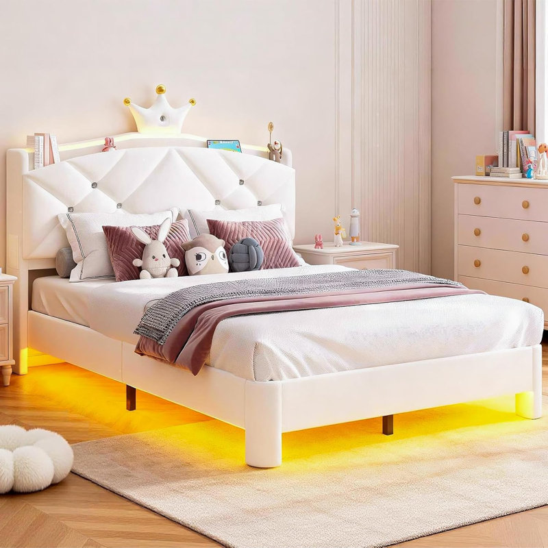 Lit plateforme tapissier en velours avec mobilier de chambre à coucher pour enfants Crown, Double, Blanc
