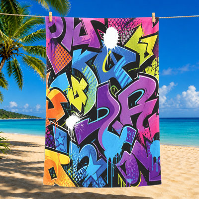 1 serviette de plage Graffiti de 1 pièce, présentant un art vibrant avec des lettres audacieuses dans des couleurs néon comme le mauve, le bleu, le jaune et l'orange sur un fond noir. Grande microfibre à séchage rapide, parfaite pour les voyages, les journées à la piscine, les aventures en plein air