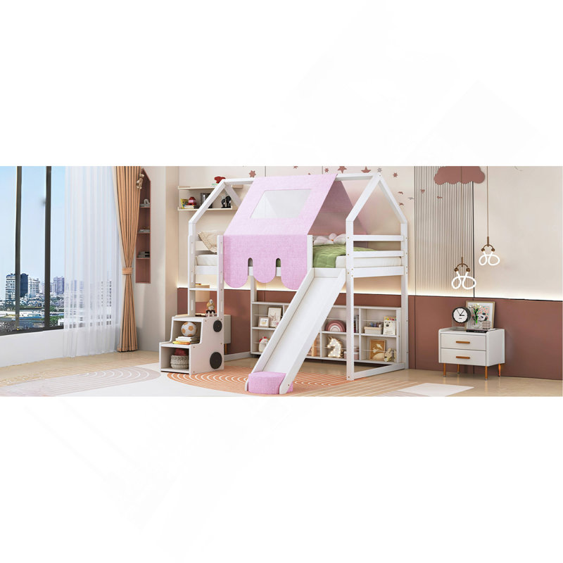 Lit mezzanine simple en bois avec cadre en forme de maison, Blanc