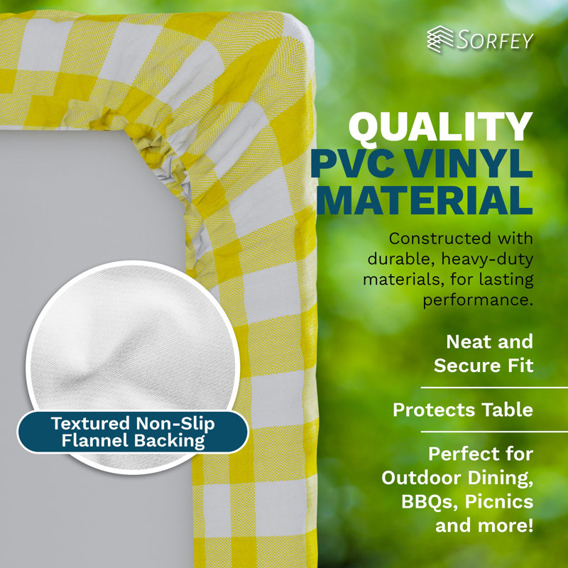 Ebern Designs Vinyl Picnic Fitted Tablecloth Cover, Solid Design, Flannel Backed Lining, Blue, 30" D x 72" L