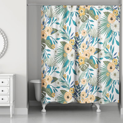 Ensemble de rideau de douche en polyester à motif floral tropical et crochets