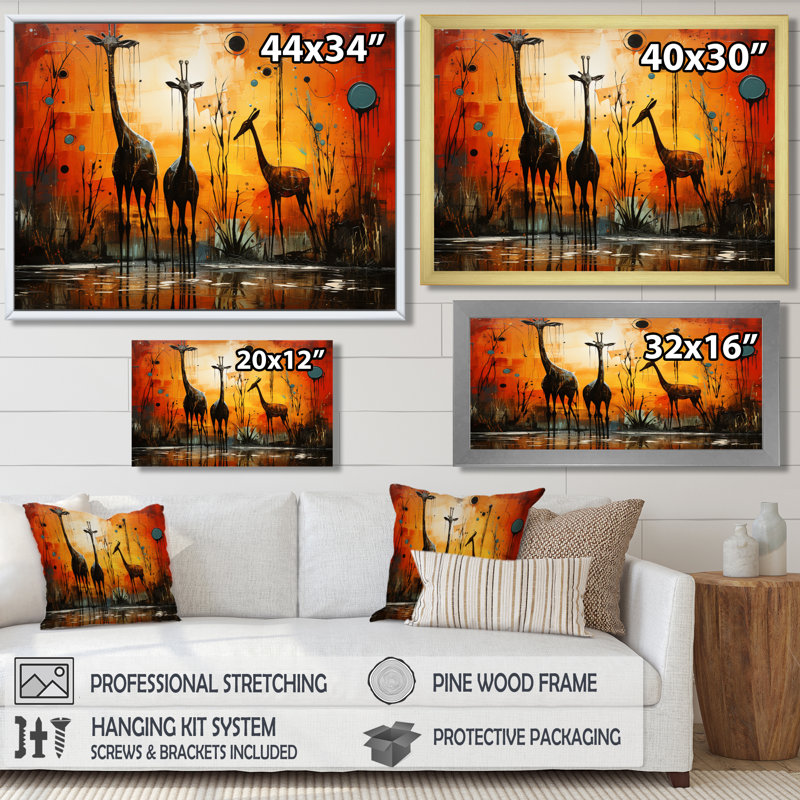 Trois girafes, savane africaine, girafe, art mural, H 30 po x l 40 po, Toile brune avec cadre flottant