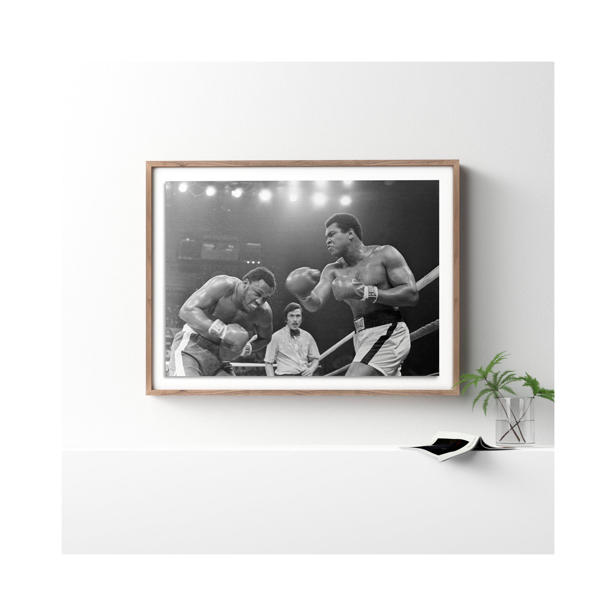 Muhammad Ali Punching Joe Frazier by Getty Images, 36" H x 48" W, Rustic Walnut Framed