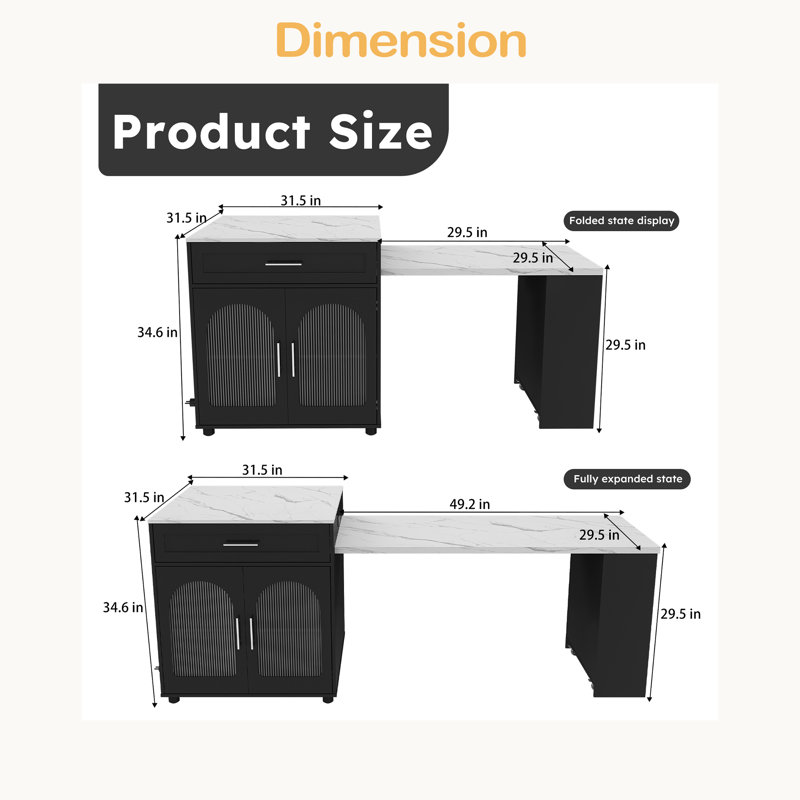 Îlot de cuisine extensible de 80 pouces avec table de salle à manger, chariot de rangement mobile avec armoire, Noir