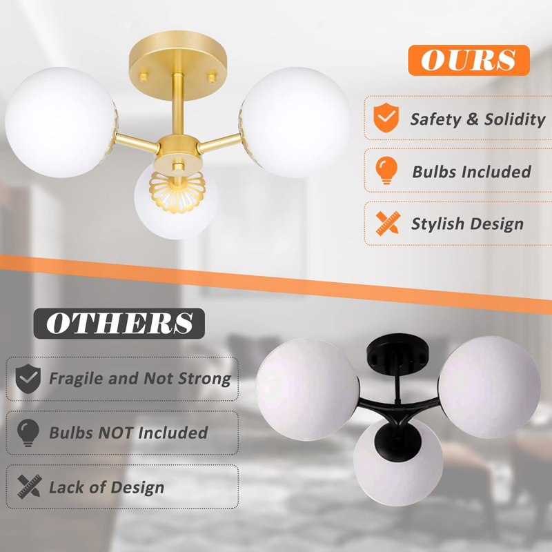 Mid-Century Modern Brass 3-Light Frosted Glass Chandelier