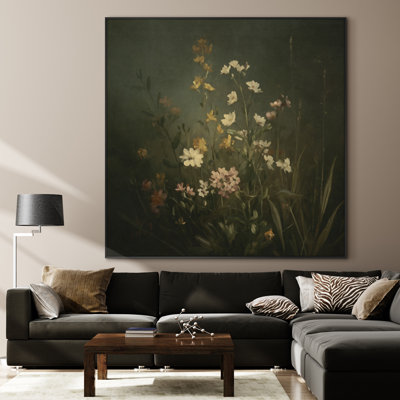 Extra Large Wall Art Fabric Print - Vintage Botanical Garden Dark Background Wildflower for Classic Space Artwork Decor for Living Room or Bedroom - "Frame Assembly Required (Unfinished Frame)"