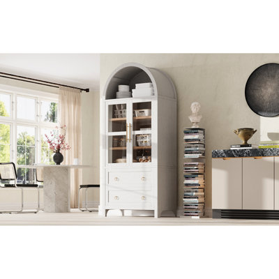 Modern Arched Kitchen Pantry With Glass Doors, Long Stylish Bass Handles, And Adjustable Shelves For A Customizable Storage 71-inch Tall Cabinet Design, Two-tone Color, Metal Smooth Slides Quiet
