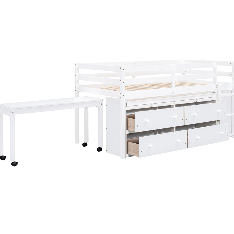 Lit mezzanine simple avec 4 tiroirs et bureau, blanc, espace de rangement fonctionnel, ajout élégant à la chambre à coucher