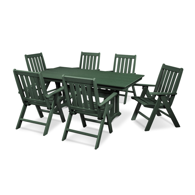 Vineyard Folding Chair 7-Piece Farmhouse Dining Set with Trestle Legs, Green