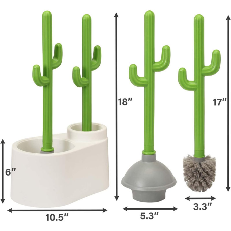 Cactus Green and White Plastic Toilet Brush and Holder Set