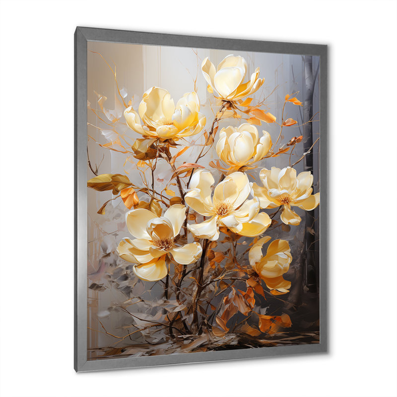 Golden Splendor Magnolias sur toile, Cadre photo argenté, H 32 po x l 16 po x P 1 po