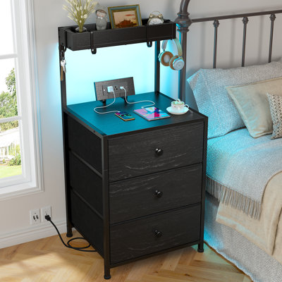 Tall Nightstand With Charging Station And Led Lights Nightstand With 3 Drawers And Shelves Bedside Table With Usb Ports And Outlets（set of 2）