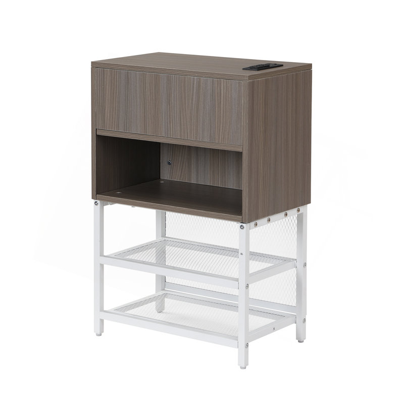Lit standard en métal avec tablettes de rangement à deux niveaux, armoire et prises de courant, Blanc / gris, Lit simple