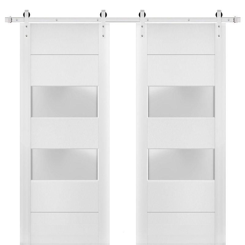 Porte de grange double robuste avec 2 lumières | Lucia 4010 | Ensemble de 13 cintres lourds pour rail | Portes intérieures à panneau plein - Rail argenté