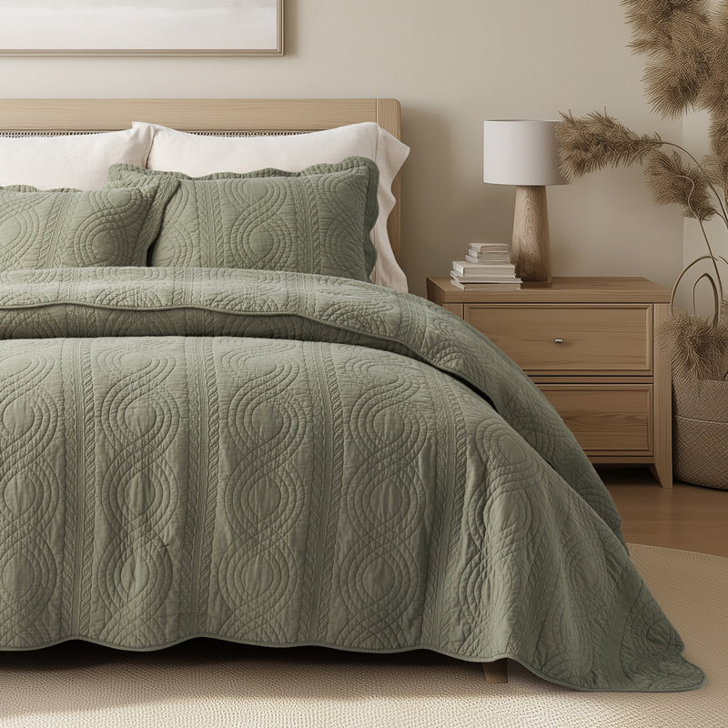 Ensemble de courtepointe 100% coton Scallop Edge, Courtepointe pour lit grand + deux taies décorati, Vert olive