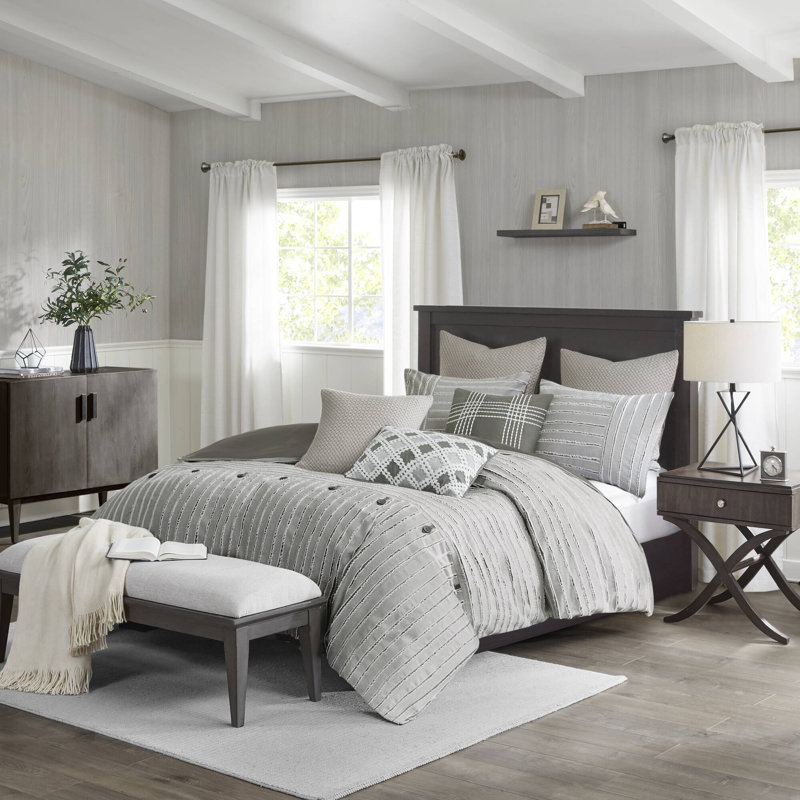 Essence Oversized 100% Cotton Clipped Jacquard Comforter Set, Gray, King