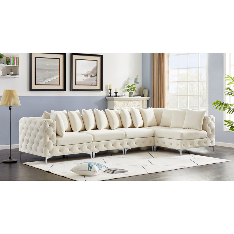 Canapé modulaire réversible en velours de 138 po de largeur, Velours crème