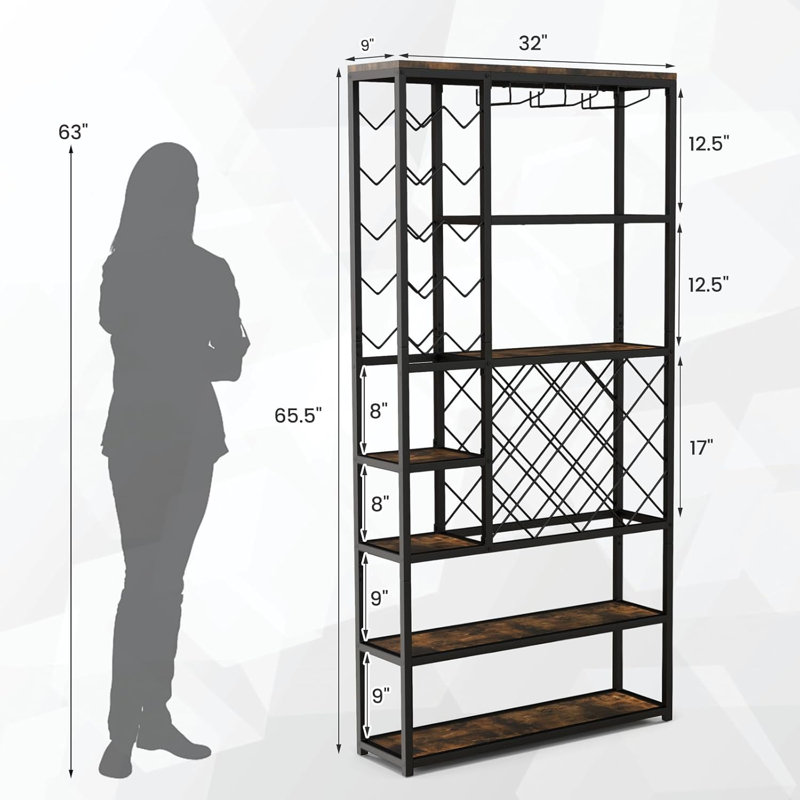 Support à vin de plancher et porte-verres en brun rustique