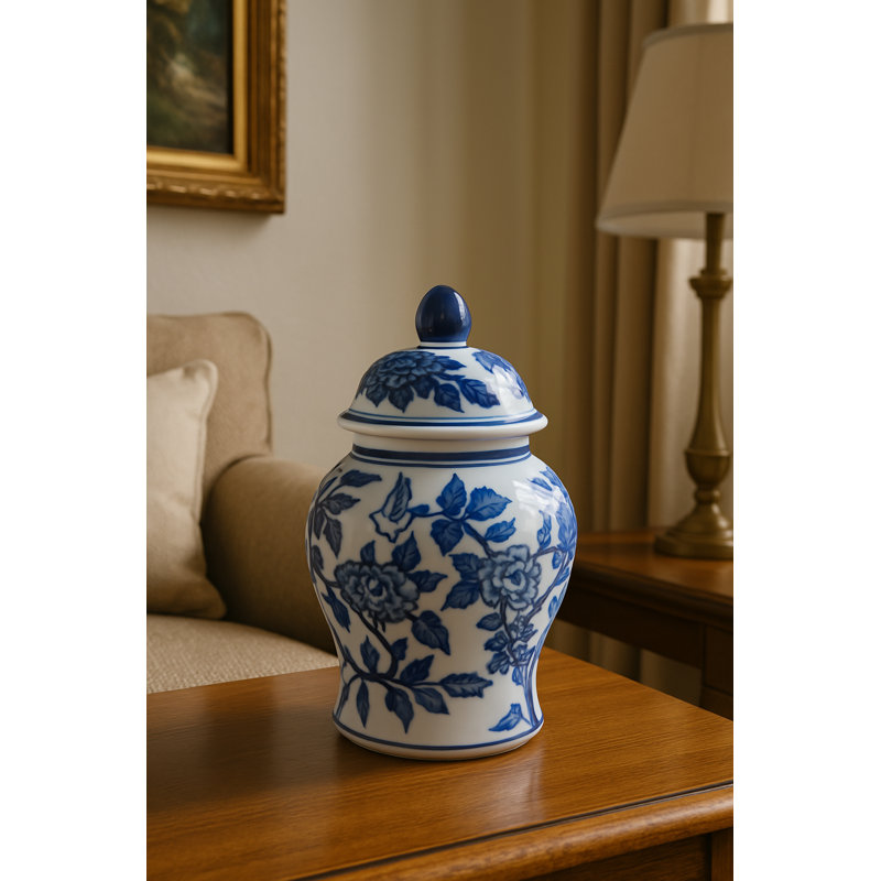 Pot à couvercle en céramique Gherghina Chinoiserie, H 8 po x l 5 po x P 5 po