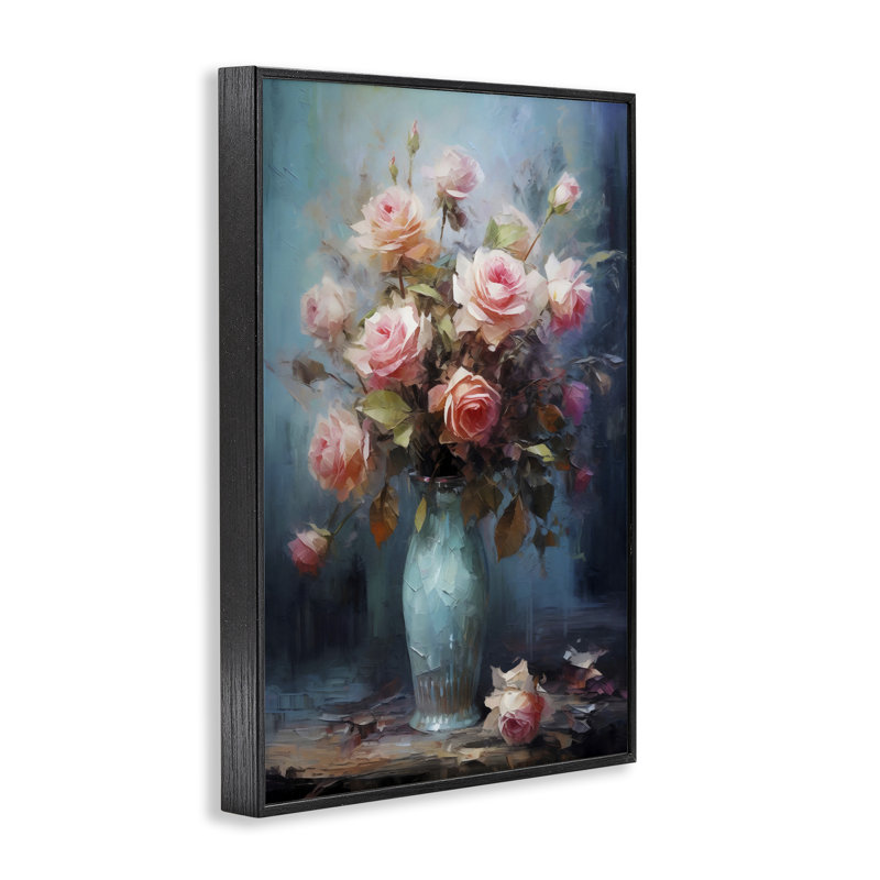 Vase bleu avec roses roses, estampe numérique, design par LSR Creative Studio, Giclée encadrée noir minuit, H 24 po x l 16 po