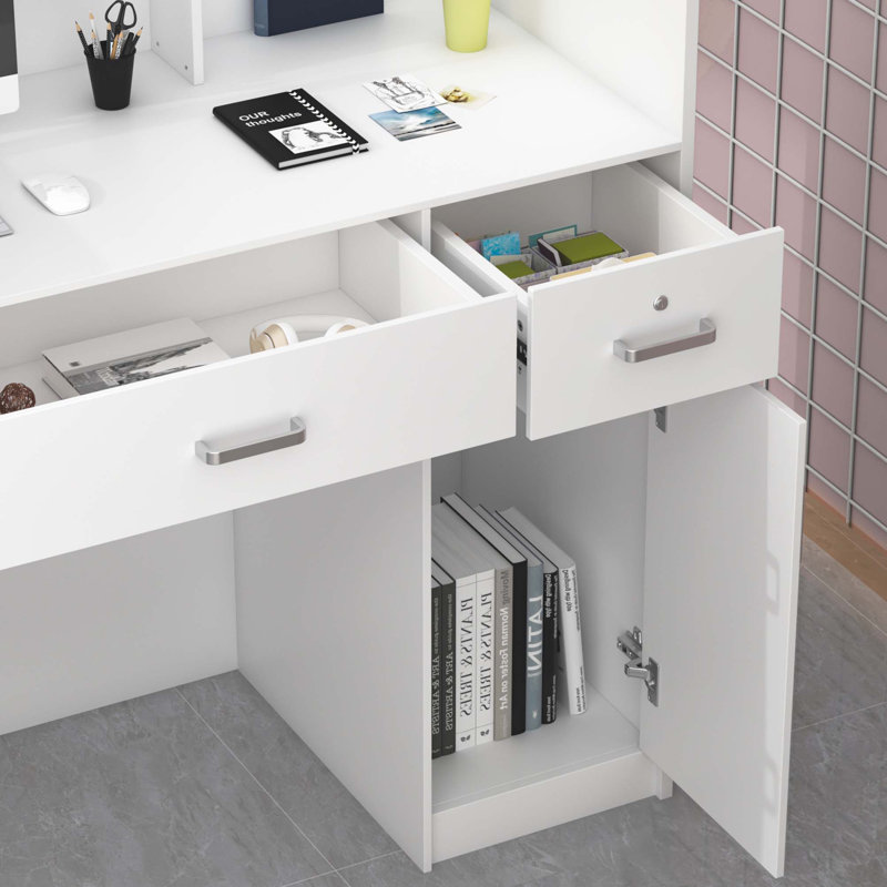 Tyria 2 Person Rectangle Solid + Manufactured Wood Reception Desk with Filing Cabinet, White
