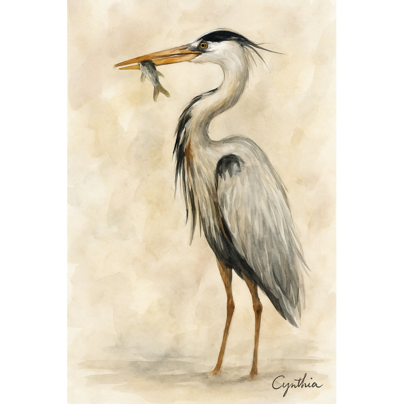 «Rustic Heron in Neutral Tones», art mural sur toile, H 36 po x l 24 po