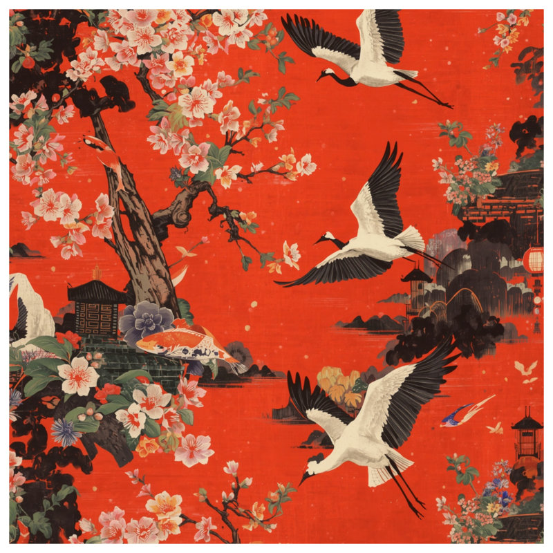 Cranes Cherry Blossoms Shower Curtains Extra Long, 70in W x 72in H