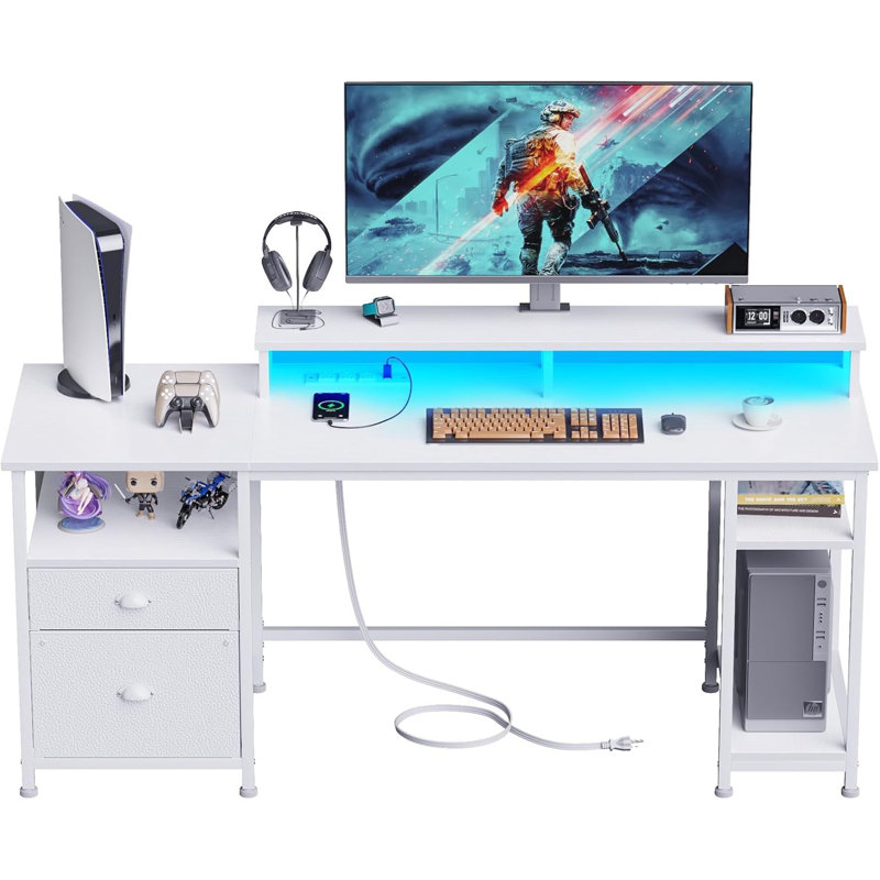 61" Desk With LED Light & Power Outlets, Reversible Computer Table With File Cabinet & Drawer, White Gaming Desk Writing Table With Dual Monitor Stand, For Home/Office