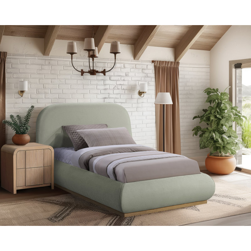 Humayrah Upholstered Panel Bed, Twin, Mint Chenille Fabric / Stained Natural