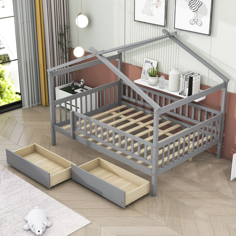 Heulwen Two Drawers Wooden House Bed, Full, Gray