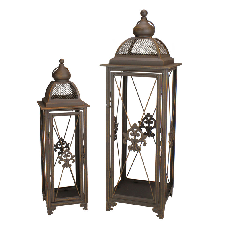 Lanterne porte-bougie fantaisie rouille Fleur-De-Lis