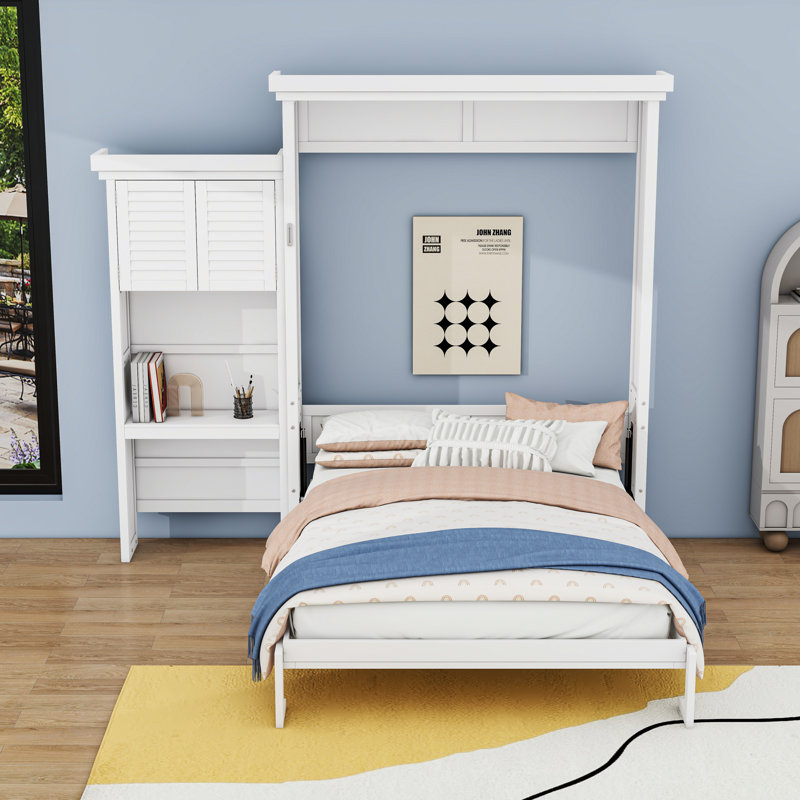 Grand lit escamotable avec persiennes et plusieurs tablettes de rangement, Blanc