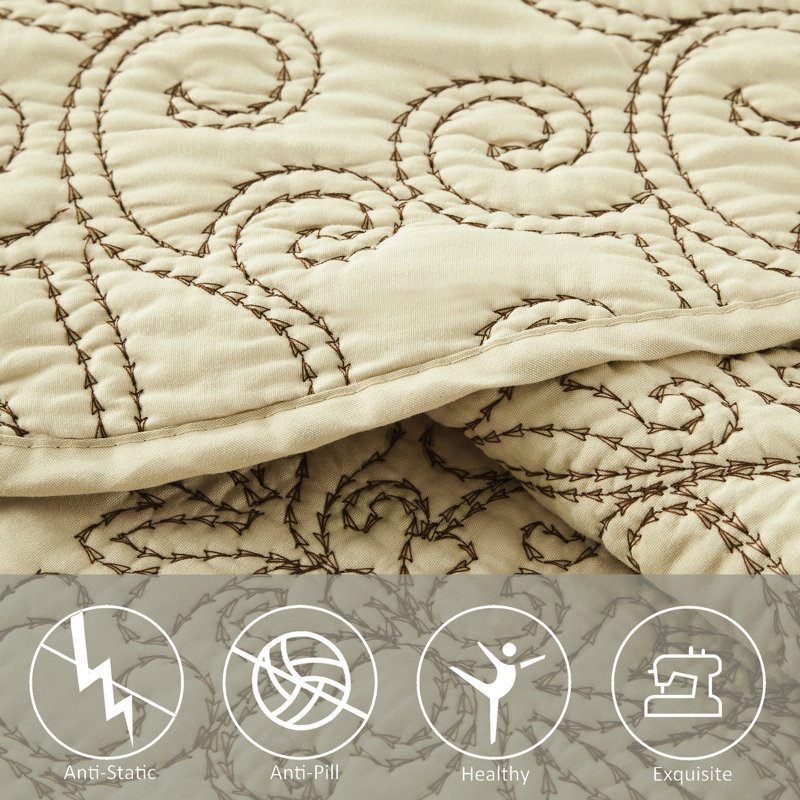 Beige King Reversible Microfiber Damask Bedspread Set