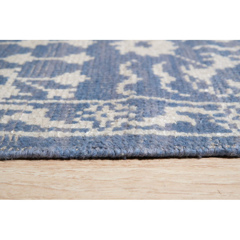Blue Hand-Knotted Wool Bamboo Silk Framed Floral Garden Geometric Modern Contemporary Carpet Rug, 8' x 10'