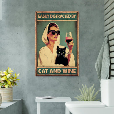 Woman Easily Distracted By Cat And Wine - 1 Piece " Woman Easily Distracted By Cat And Wine - 1 Piece Rectangle Graphic Art Print On Wrapped Canvas "