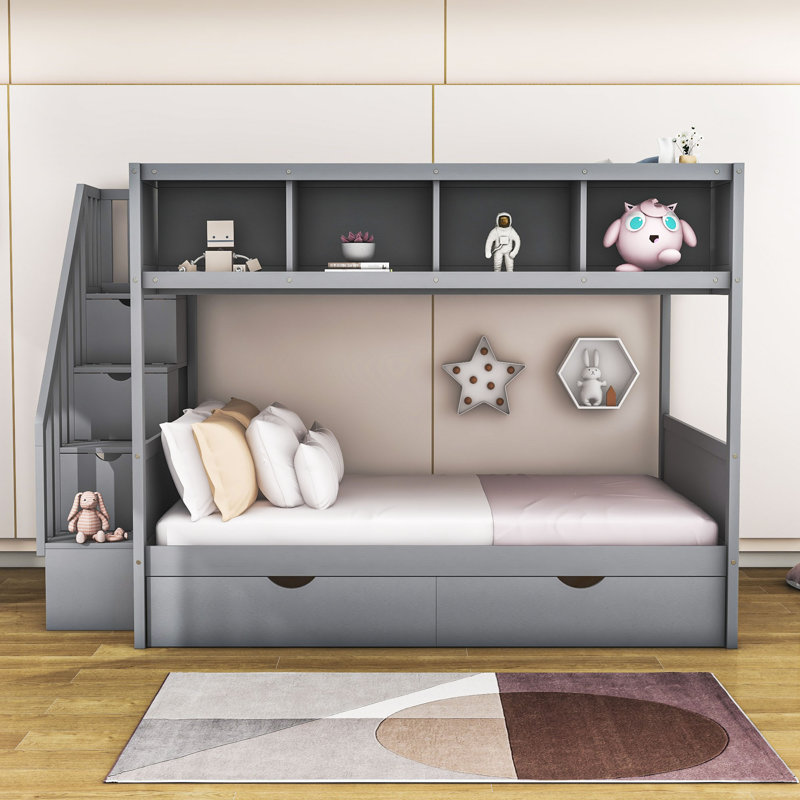 Godo Kids Twin Over Full Bunk Bed with Drawers, Gray